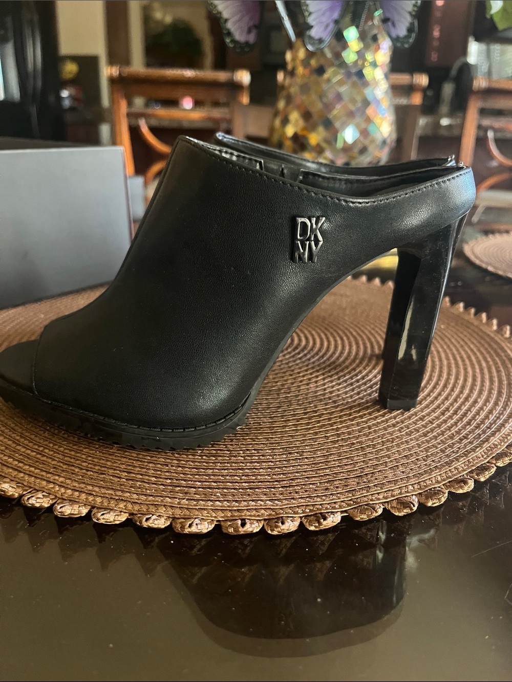 Dkny Black Peep-Toe Block Heel Mules